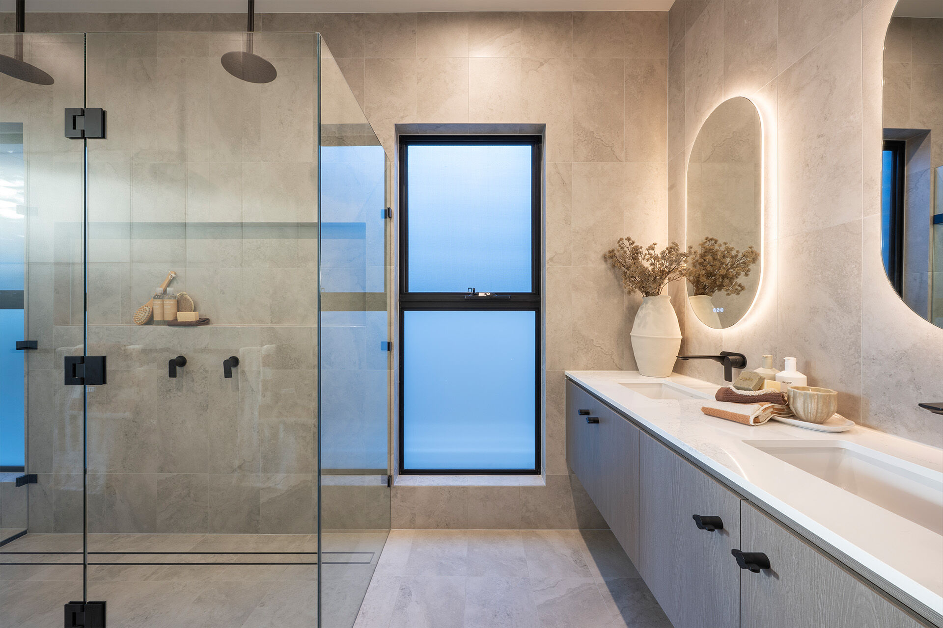 Main ensuite with double vanity and shower